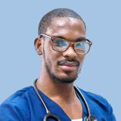 A man in glasses and blue scrubs, with a stethoscope around his neck, stands against a light blue background, symbolizing the connected world of a social network for physicians.