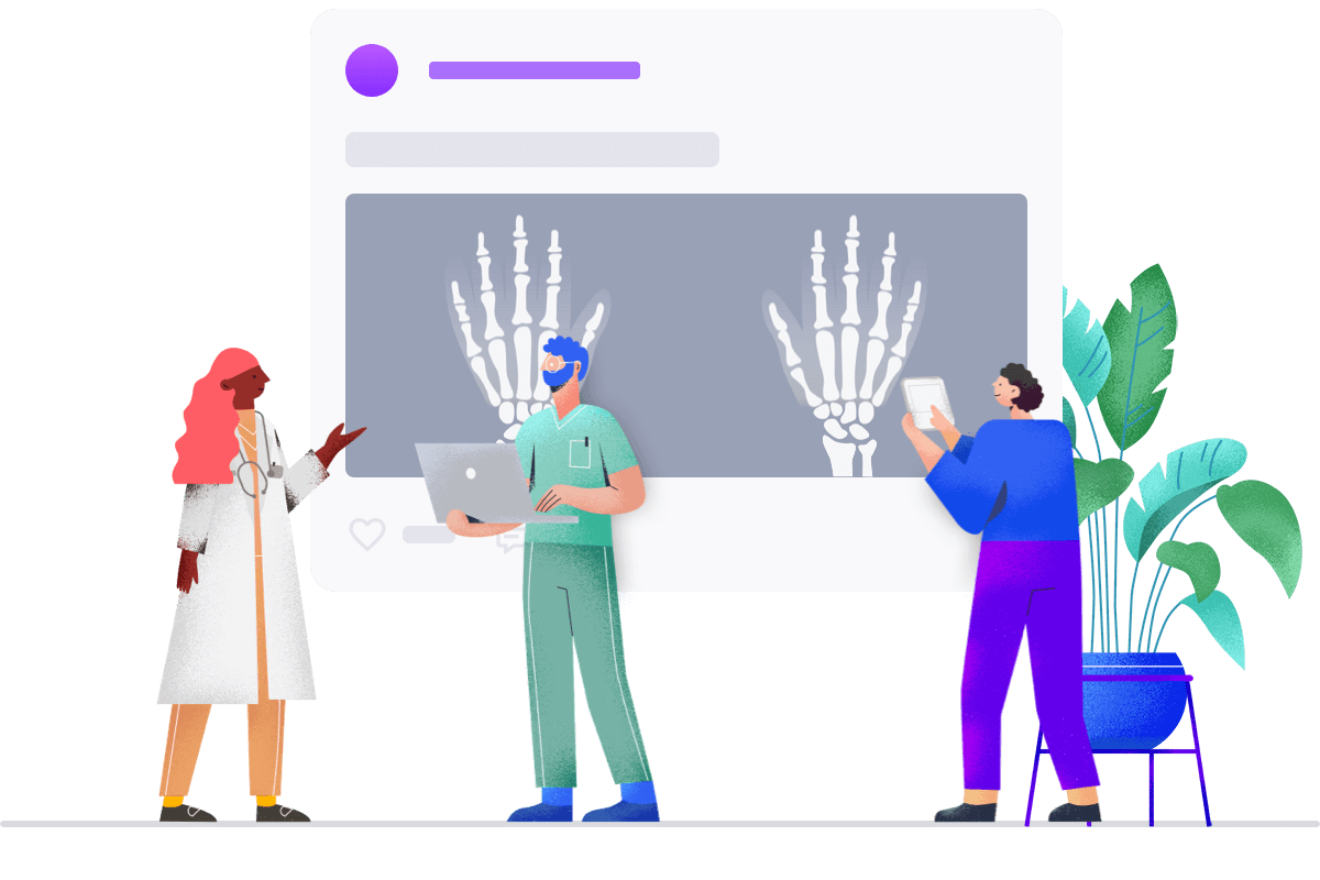 Three medical professionals engage in a dialogue about hand X-rays displayed on a large screen, akin to an interactive social network for physicians, with a plant subtly adding serenity in the background.